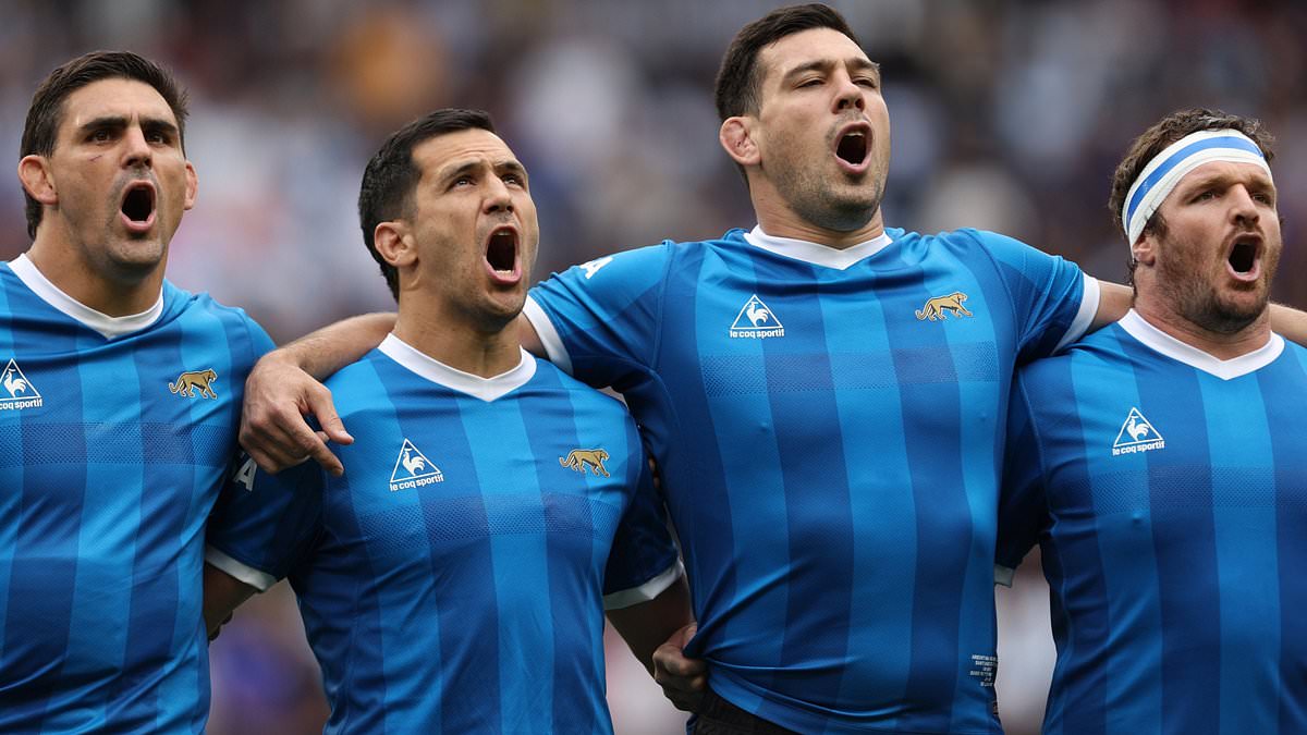 Now Argentina's RUGBY players mock England after World Cup semi-final victory: Stars wear tribute to 'Hand of God' kit for Nations Championship clash