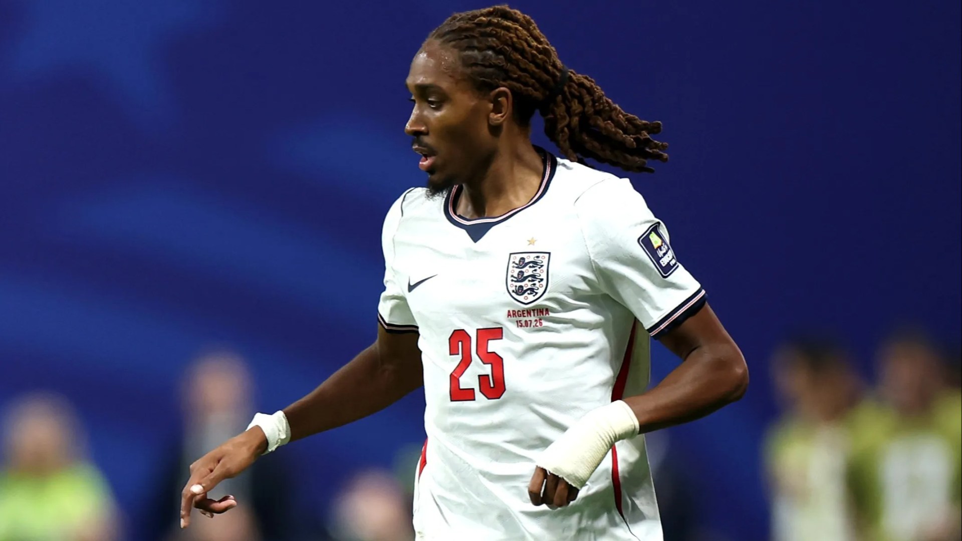 Why is Djed Spence wearing a bandage on his wrist during England vs France?