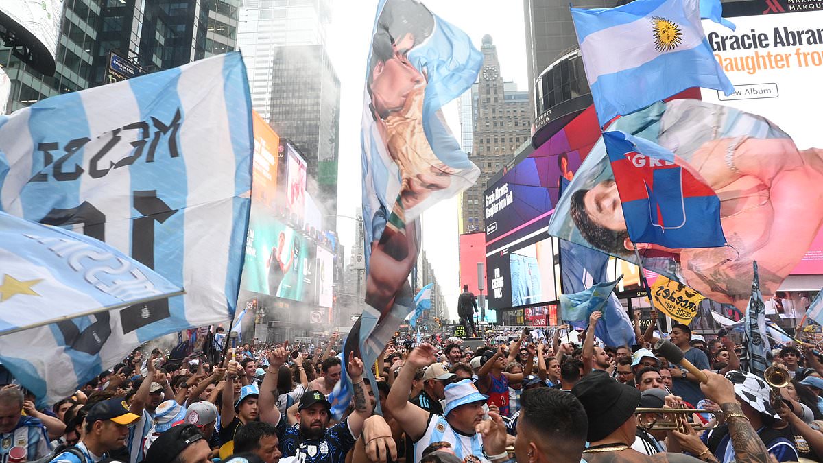 Argentina fans spark wild World Cup scenes in New York as thousands take over Times Square - despite flash floods