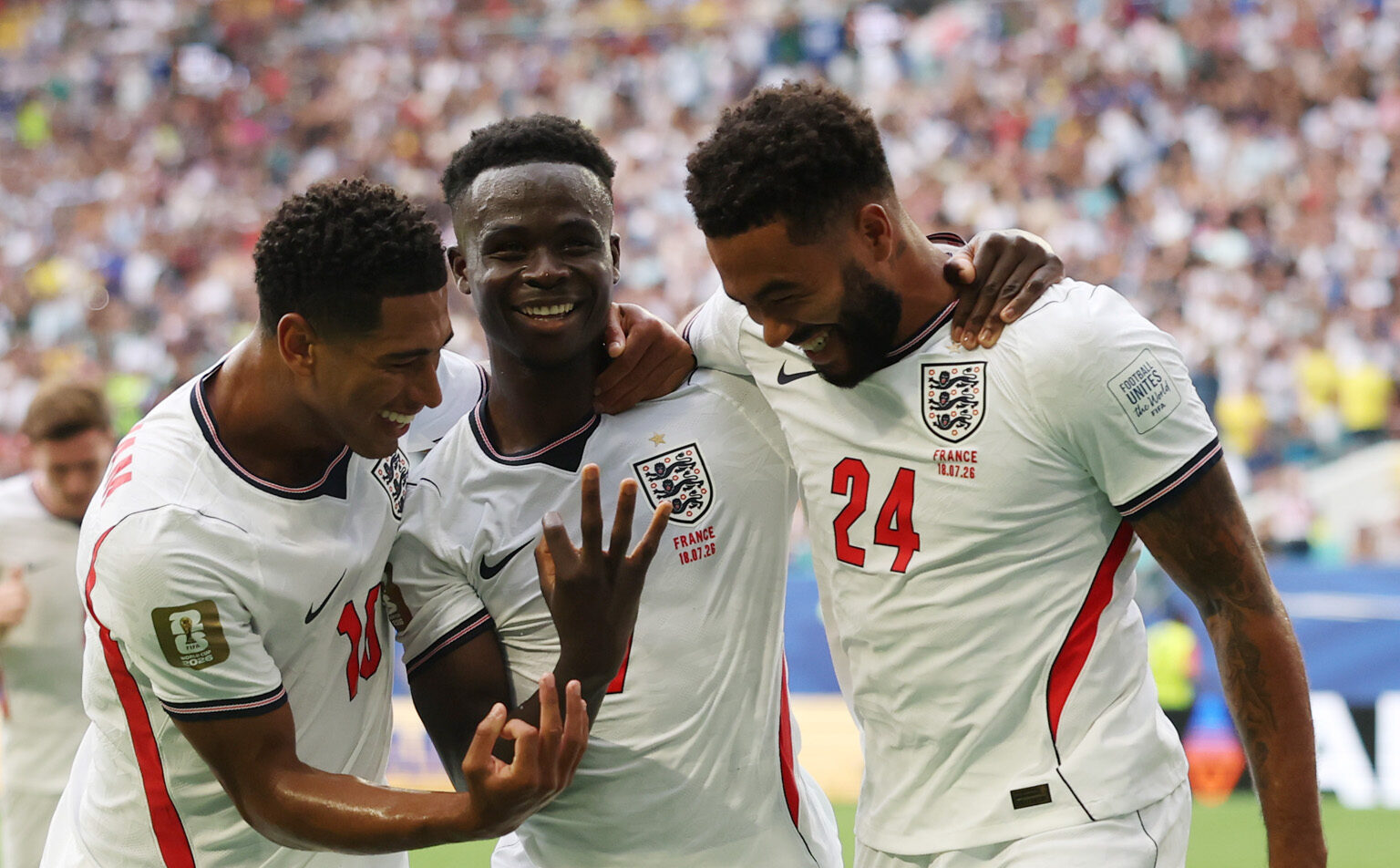 World Cup: England beat France 6-4 as Saka makes history with hat-trick
