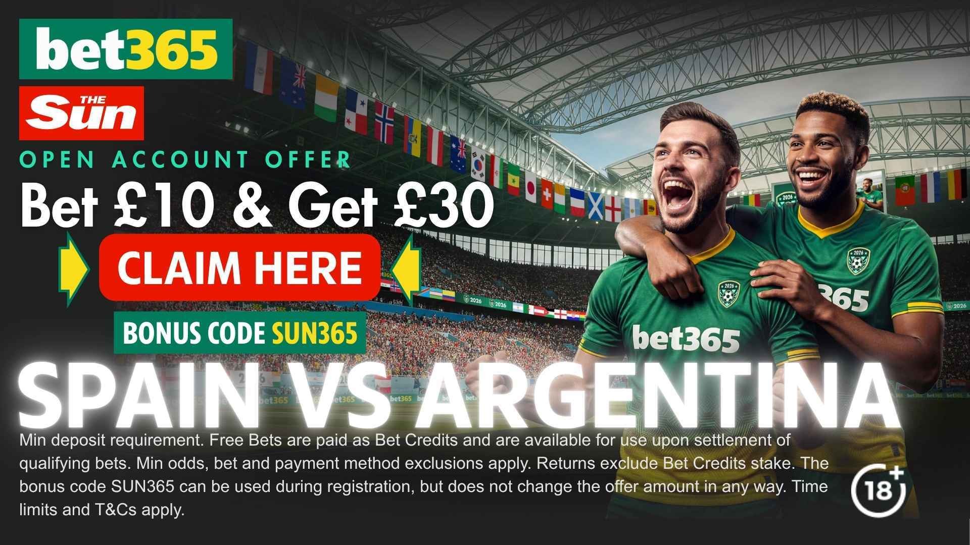 bet365 bonus code: Claim £30 in free bets for Spain vs Argentina with SUN365