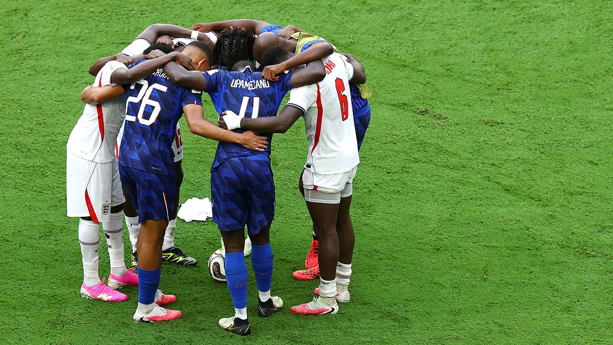 England and France players involved in prayer huddle just moments after their epic World Cup third-place play-off in Miami