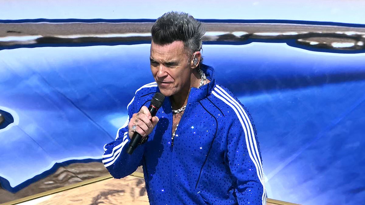 Robbie Williams gets the party started in a sequin Adidas tracksuit as he kicks off star-studded World Cup final with pregame performance
