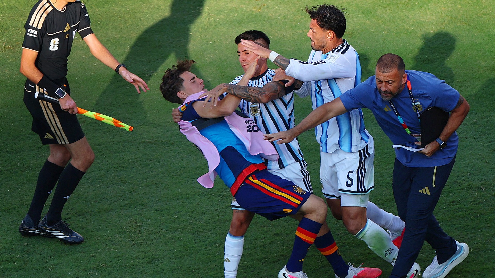 World Cup final descends into chaos at end as losers Argentina start mass brawl with players seen ‘throwing haymakers’