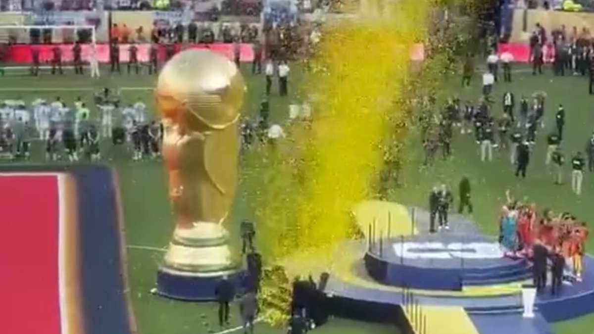 Bitter Argentina players turn their backs to Spain's World Cup trophy lift after violence marred winners' celebrations - as lip-reader reveals what furious star said to winning captain Rodri during brawl